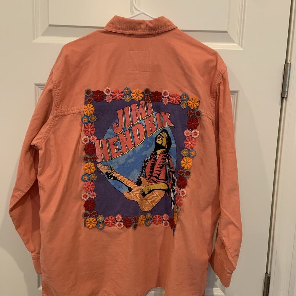 Women’s Custom Jimi Hendrix Upcycled Salmon Corduroy Pearl Snap Band Shirt SZ L